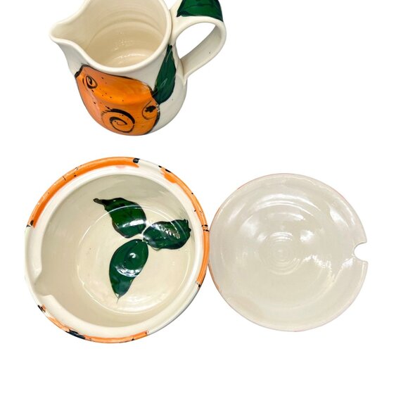 Art Studio Pottery Creamer Pitcher Lidded Sugar Bowl Set Oranges Citrus Signed - Picture 8 of 11